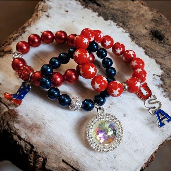 Patriotic Beaded Stretch Bracelet Set - Picture 1 of 3
